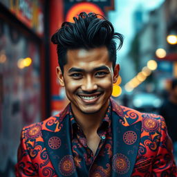 A striking portrait of a striking individual named Lek Franco, with a charismatic smile, deep-set eyes that convey wisdom and humor, and stylish hair that complements their unique personality