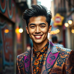 A striking portrait of a striking individual named Lek Franco, with a charismatic smile, deep-set eyes that convey wisdom and humor, and stylish hair that complements their unique personality