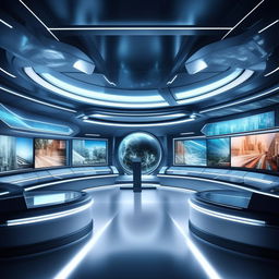 An information-inspired background for a futuristic TV anchor's studio using architectural elements from the architecture presented in the provided link.