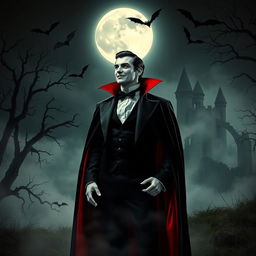 A dramatic scene featuring Dracula, the iconic vampire, standing in a dark, misty Transylvanian landscape