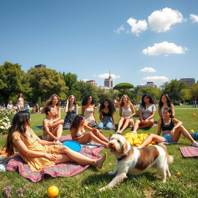 A vibrant scene in an urban park during the afternoon, featuring a group of diverse young women enjoying a sunny day