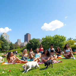 A vibrant scene in an urban park during the afternoon, featuring a group of diverse young women enjoying a sunny day