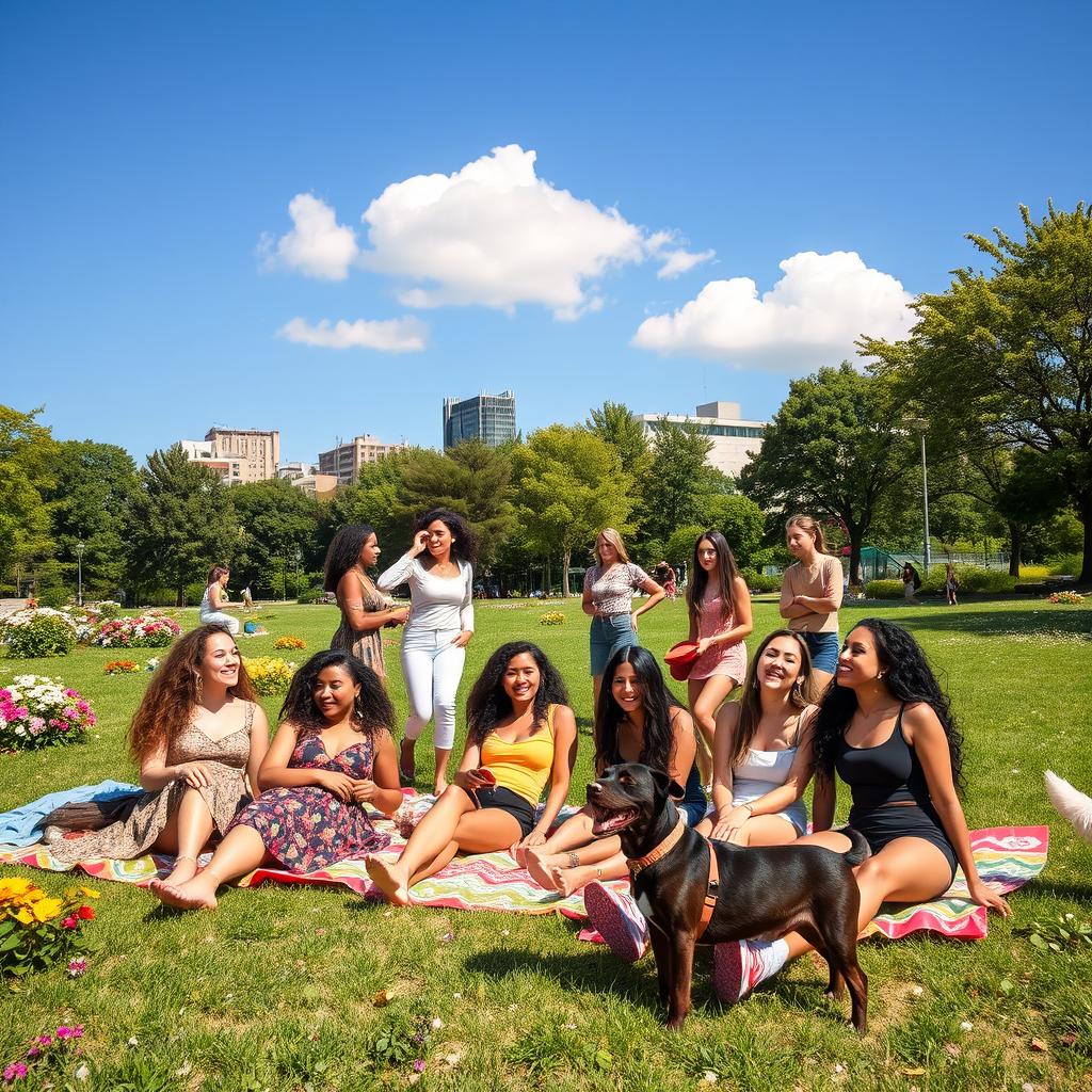 A vibrant scene in an urban park during the afternoon, featuring a group of diverse young women enjoying a sunny day