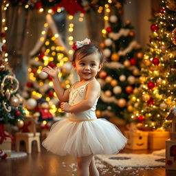 A small child wearing a beautiful ballet outfit, gracefully posed in a festive Christmas setting filled with twinkling lights, colorful ornaments, and decorated Christmas trees