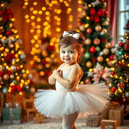 A small child wearing a beautiful ballet outfit, gracefully posed in a festive Christmas setting filled with twinkling lights, colorful ornaments, and decorated Christmas trees