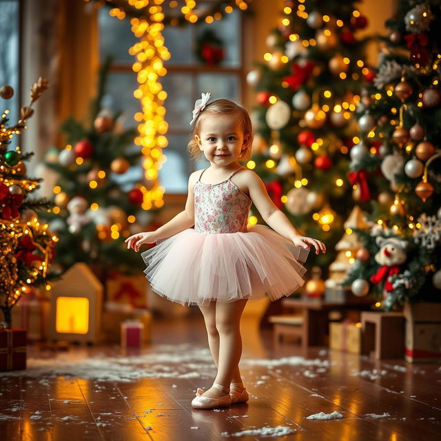 A small child wearing a beautiful ballet outfit, gracefully posed in a festive Christmas setting filled with twinkling lights, colorful ornaments, and decorated Christmas trees