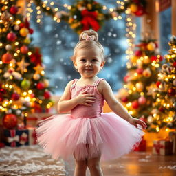 A small child wearing a beautiful ballet outfit, gracefully posed in a festive Christmas setting filled with twinkling lights, colorful ornaments, and decorated Christmas trees