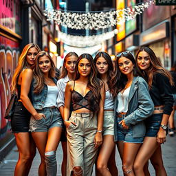 A stylish group of attractive young women, each with distinct features and vibrant personalities, gathered in a trendy urban setting