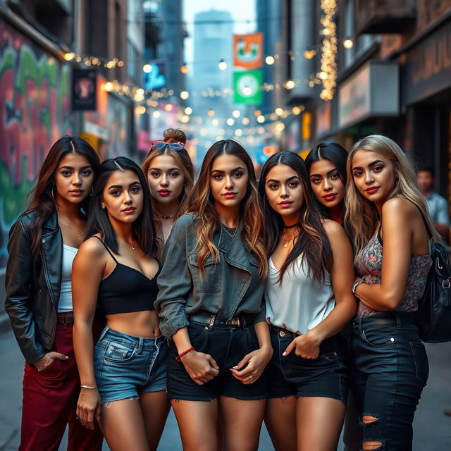 A stylish group of attractive young women, each with distinct features and vibrant personalities, gathered in a trendy urban setting