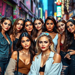 A stylish group of attractive young women, each with distinct features and vibrant personalities, gathered in a trendy urban setting