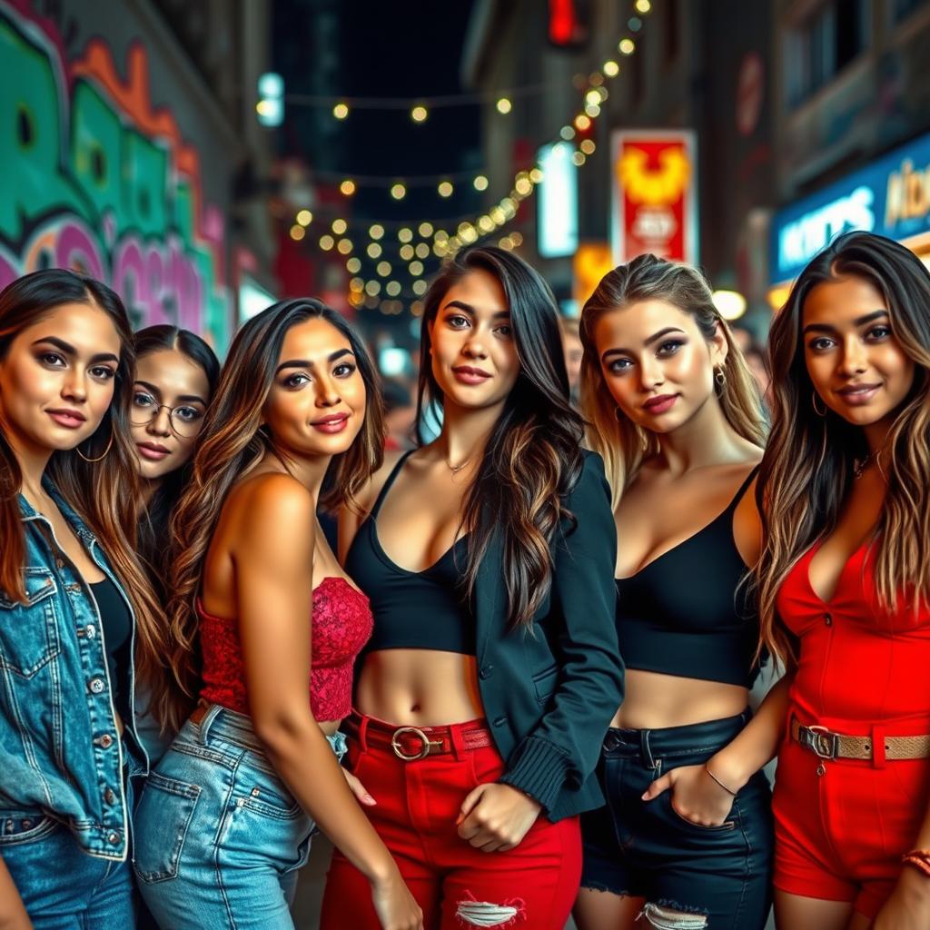 A stylish group of attractive young women, each with distinct features and vibrant personalities, gathered in a trendy urban setting