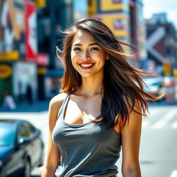 A confident young woman standing in an urban setting, wearing a stylish tank top that accentuates her figure