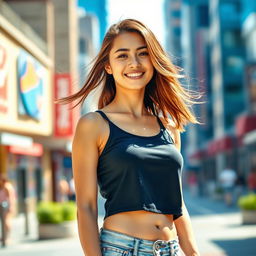 A confident young woman standing in an urban setting, wearing a stylish tank top that accentuates her figure