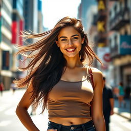A confident young woman standing in an urban setting, wearing a stylish tank top that accentuates her figure