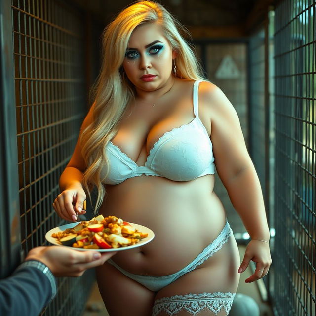 A sexy, sweet, and beautiful full-figured 19-year-old woman with long blond hair and striking makeup featuring bright frosted pastel blue eye shadow, thick black eyeliner, bold black mascara, and bright pink lipstick