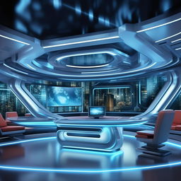 An information-inspired background for a futuristic TV anchor's studio using architectural elements from the architecture presented in the provided link.