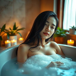 A serene scene depicting a beautiful Asian woman enjoying a luxurious bubble bath, surrounded by soft, warm lighting that enhances the tranquil atmosphere