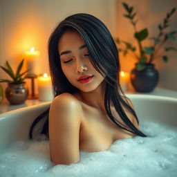 A serene scene depicting a beautiful Asian woman enjoying a luxurious bubble bath, surrounded by soft, warm lighting that enhances the tranquil atmosphere