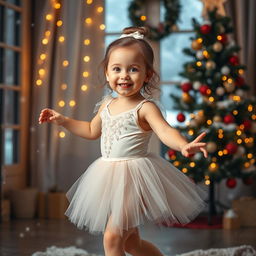 A scene focusing on a young child wearing a beautiful ballet outfit, gracefully dancing