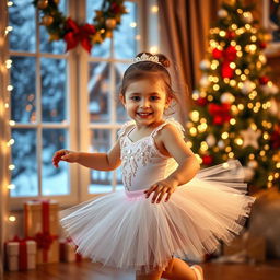 A scene focusing on a young child wearing a beautiful ballet outfit, gracefully dancing