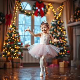 A scene focusing on a young child wearing a beautiful ballet outfit, gracefully dancing