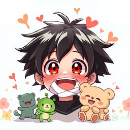 An anime-style illustration featuring a cheerful boy with messy black hair and large red eyes, his mouth covered with a bandage