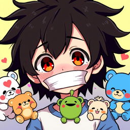 An anime-style illustration featuring a cheerful boy with messy black hair and large red eyes, his mouth covered with a bandage