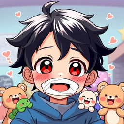 An anime-style illustration featuring a cheerful boy with messy black hair and large red eyes, his mouth covered with a bandage