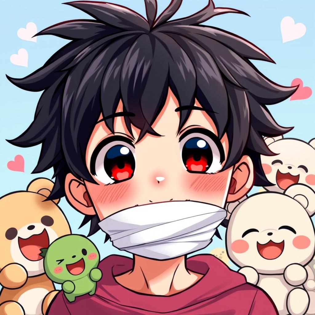 An anime-style illustration featuring a cheerful boy with messy black hair and large red eyes, his mouth covered with a bandage