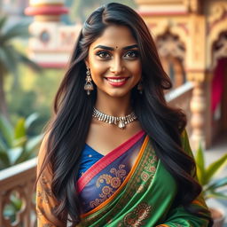 A beautiful Indian woman with long, flowing black hair and striking features, dressed in a stylish, vibrant traditional outfit