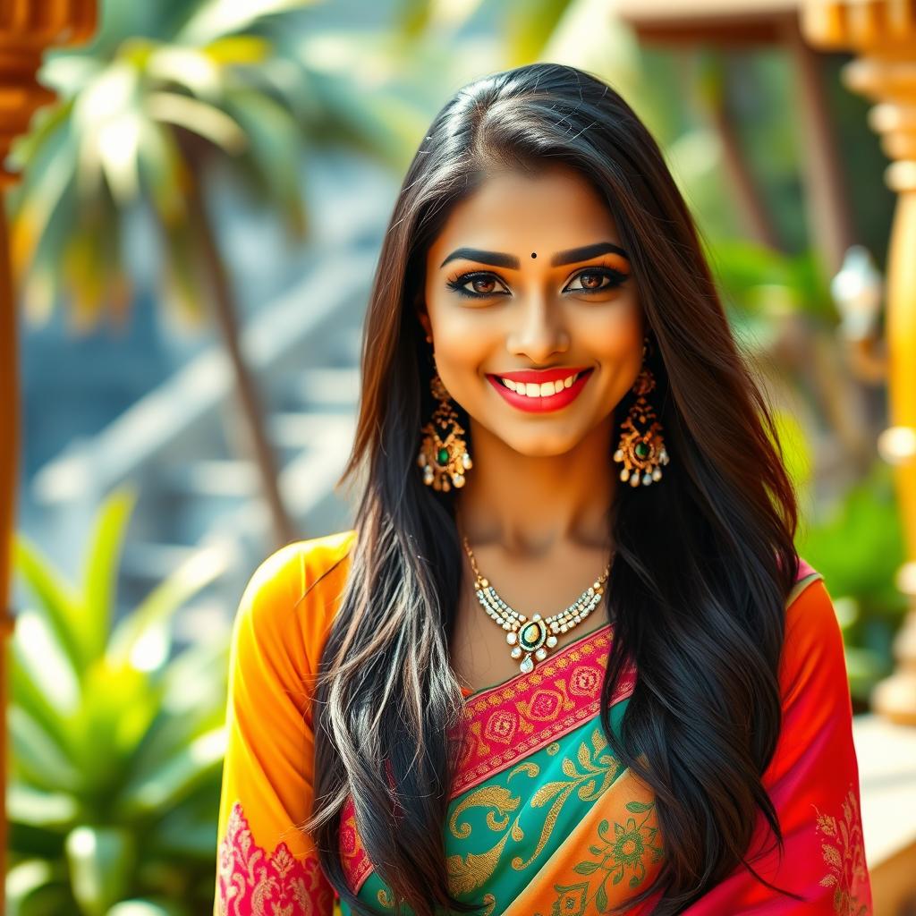 A beautiful Indian woman with long, flowing black hair and striking features, dressed in a stylish, vibrant traditional outfit