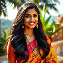 A beautiful Indian woman with long, flowing black hair and striking features, dressed in a stylish, vibrant traditional outfit