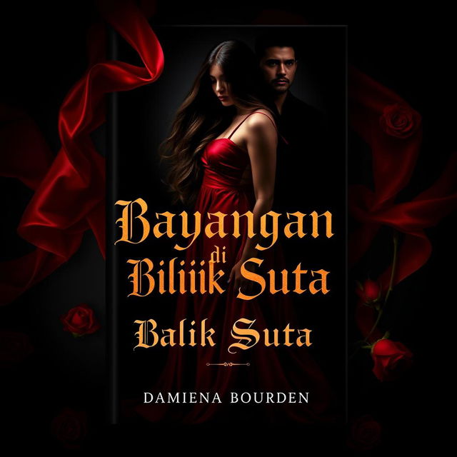 A mesmerizing book cover for the novel 'Bayangan di Balik Sutra'