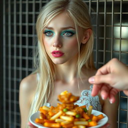 A sexy, sweet, and beautiful anorexic 19-year-old woman with long blond hair, adorned with vibrant face makeup that includes bright frosted pastel blue eye shadow, thick black eyeliner, bold black mascara, and bright pink lipstick