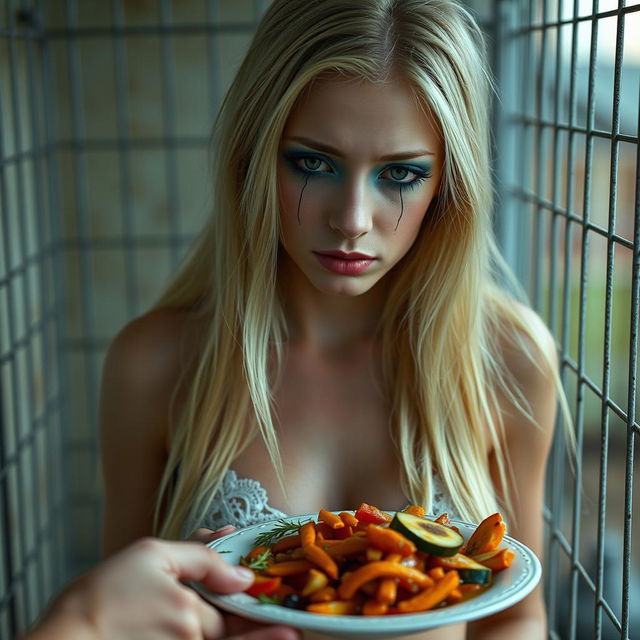 A sexy, sweet, and beautiful anorexic 19-year-old woman with long blond hair, adorned with vibrant face makeup that includes bright frosted pastel blue eye shadow, thick black eyeliner, bold black mascara, and bright pink lipstick