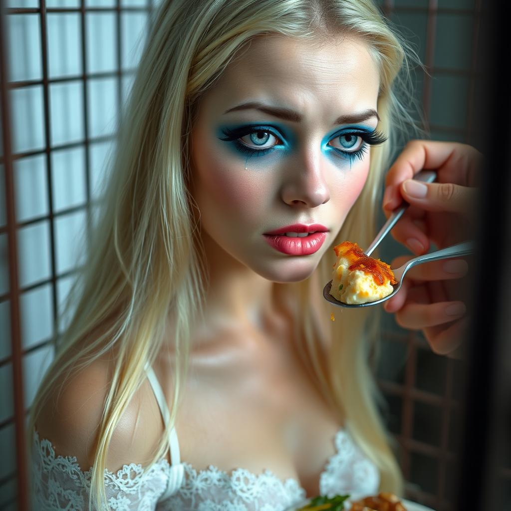 A sexy, sweet, and beautiful anorexic 19-year-old woman with long blond hair, adorned with vibrant face makeup that includes bright frosted pastel blue eye shadow, thick black eyeliner, bold black mascara, and bright pink lipstick