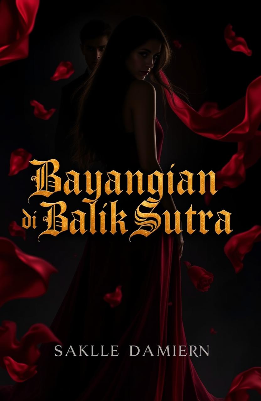 A dark and mysterious image featuring the silhouette of Seraphina, with long flowing hair, wearing a flowing red silk gown, standing in the midst of shadows