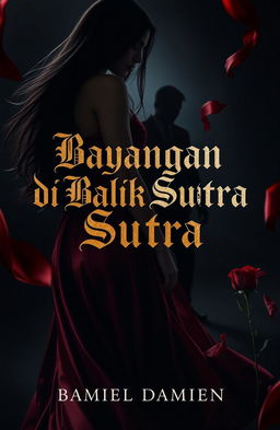 A dark and mysterious image featuring the silhouette of Seraphina, with long flowing hair, wearing a flowing red silk gown, standing in the midst of shadows