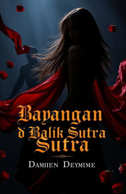 A dark and mysterious image featuring the silhouette of Seraphina, with long flowing hair, wearing a flowing red silk gown, standing in the midst of shadows