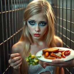 A sexy, sweet, and beautiful anorexic 19-year-old woman with long blond hair, adorned with very bright face makeup including bright frosted pastel blue eye shadow, thick black eyeliner, bold black mascara, and bright pink lipstick