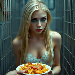 A sexy, sweet, and beautiful anorexic 19-year-old woman with long blond hair, adorned with very bright face makeup including bright frosted pastel blue eye shadow, thick black eyeliner, bold black mascara, and bright pink lipstick