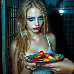 A sexy, sweet, and beautiful anorexic 19-year-old woman with long blond hair, adorned with very bright face makeup including bright frosted pastel blue eye shadow, thick black eyeliner, bold black mascara, and bright pink lipstick