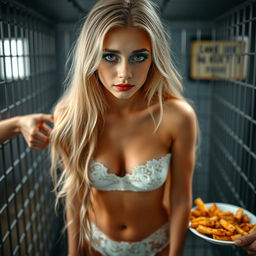 A sexy, sweet, and beautiful anorexic 19-year-old woman with long blond hair, featuring striking makeup with bright frosted pastel blue eye shadow, thick black eyeliner, bold black mascara, and bright pink lipstick