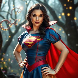 Snow White portrayed by Rachel Zegler dressed as Superman, with a vibrant costume featuring the iconic blue and red colors