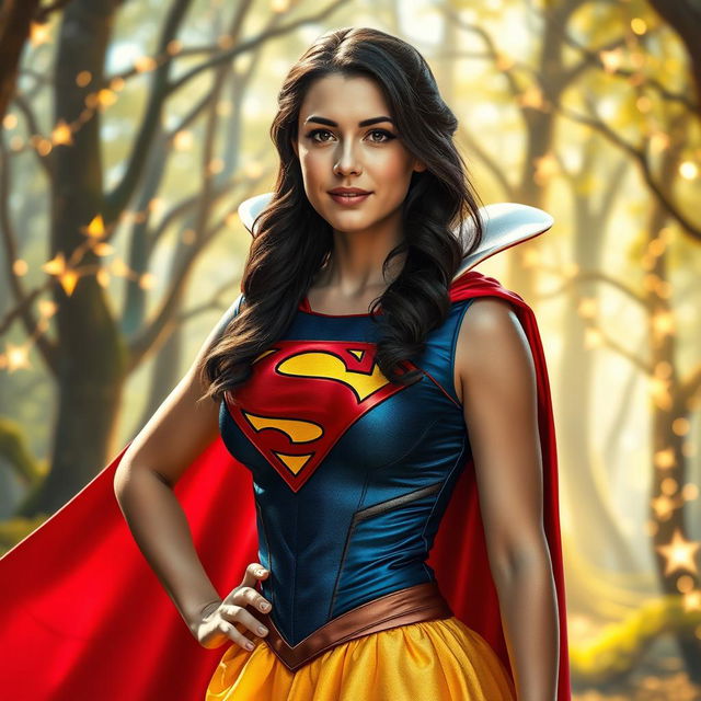 Snow White portrayed by Rachel Zegler dressed as Superman, with a vibrant costume featuring the iconic blue and red colors