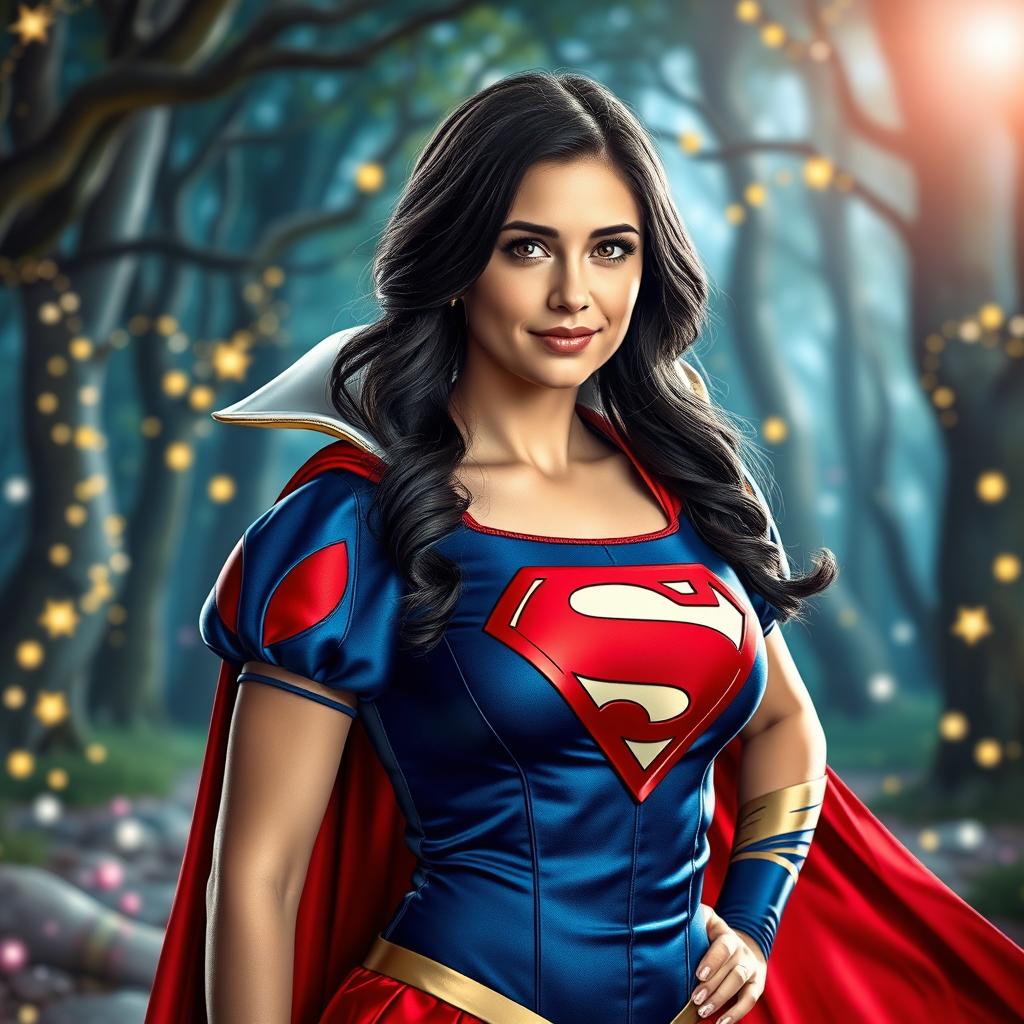 Snow White portrayed by Rachel Zegler dressed as Superman, with a vibrant costume featuring the iconic blue and red colors