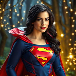 Snow White portrayed by Rachel Zegler dressed as Superman, with a vibrant costume featuring the iconic blue and red colors