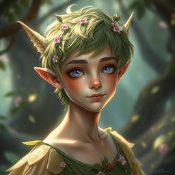 A realistic portrait of a young male fae with delicate, shimmering features, pointed ears, and vibrant green hair adorned with tiny flowers and leaves