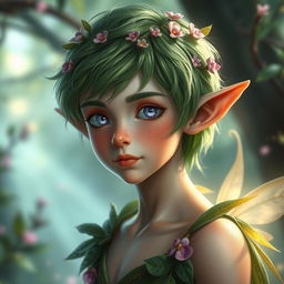 A realistic portrait of a young male fae with delicate, shimmering features, pointed ears, and vibrant green hair adorned with tiny flowers and leaves