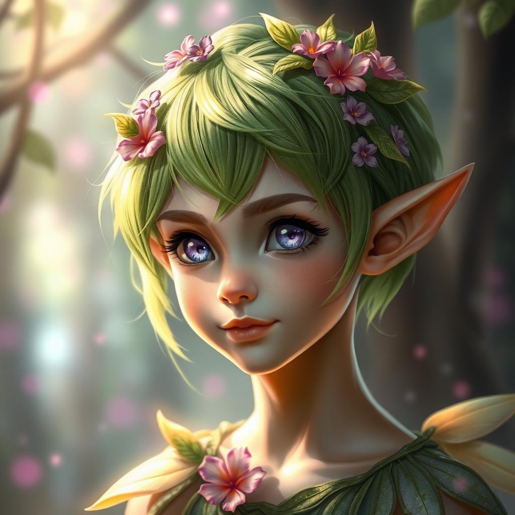 A realistic portrait of a young male fae with delicate, shimmering features, pointed ears, and vibrant green hair adorned with tiny flowers and leaves